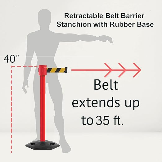 Montour Line MSR760 Set of 2 Retractable Belt Barrier Stanchion, Rubber Base, Red Post (35 ft Light Green Belt)