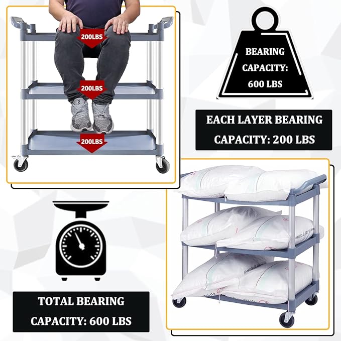 Plastic Utility Carts with Wheels, 3-Tier Large Size Restaurant Food Cart, Heavy Duty 600lbs Capacity Rolling Service Cart w/Hammer for Commercial, Kitchen, Office (Lockable Wheels, L-Grey)