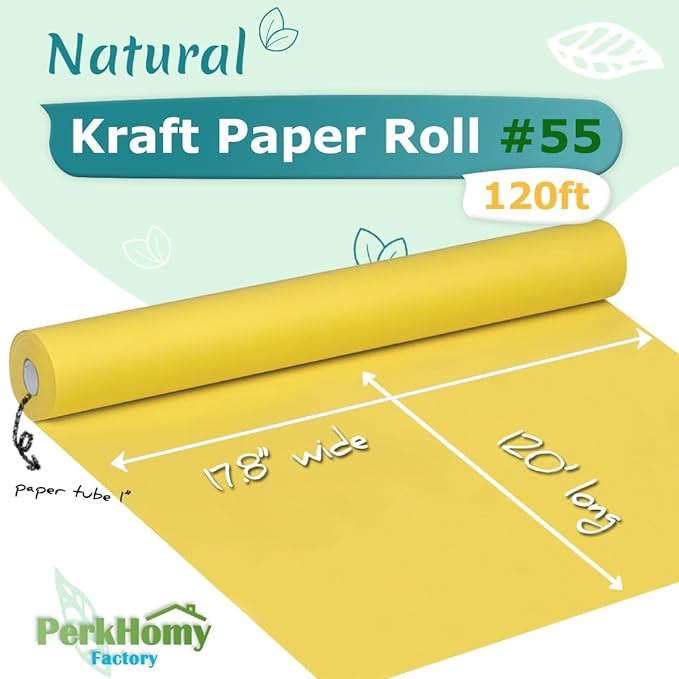 PerkHomy 17.8" x 1,440" (120') Lemon Yellow Kraft Paper Roll for Craft Bulletin Board Paper Art Table Covering Crafting Gift Wrapping Bouquet Packing Parcel 80GSM (Lemon Yellow, 17.8" x 120')