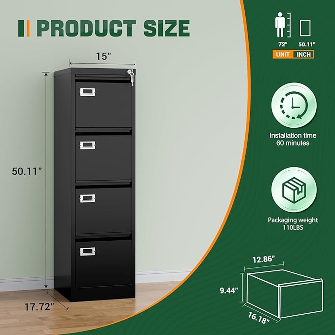 Letaya 4 Drawer File Cabinet with Lock,Metal Office Vertical Filing Cabinets for Home Office- Storage A4/F4/Letter/Legal -Assembly Required (Black)