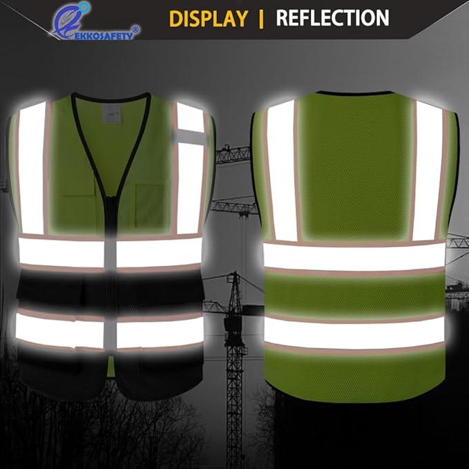 Reflective Mesh Safety Vest for Men Women with 5 Pockets and Zipper Front High Visibility Mesh Vest Hi Vis Construction Work Vest,Meets ANSI/ISEA Standards(EK175-Yellowblack-2XL)