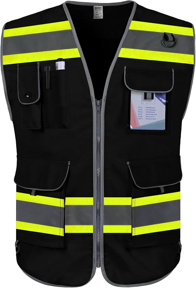 TCCFCCT Safety Vest for Men Women 9 Pockets High Visibility Vest with Fluorescent Yellow Extend Edge, Reflective Work Vest for Surveyor, Durable & Breathable, Meets ANSI/ISEA, (DB-Black, Large)