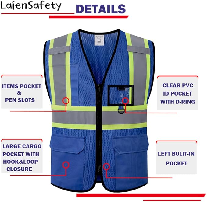 Hi Vis Reflective Safety Vest for Men Women with Multiple Pockets Mesh High Visibility Construction Work Vest,Meets ANSI/ISEA Standards(EK1-178-Blue-XL)