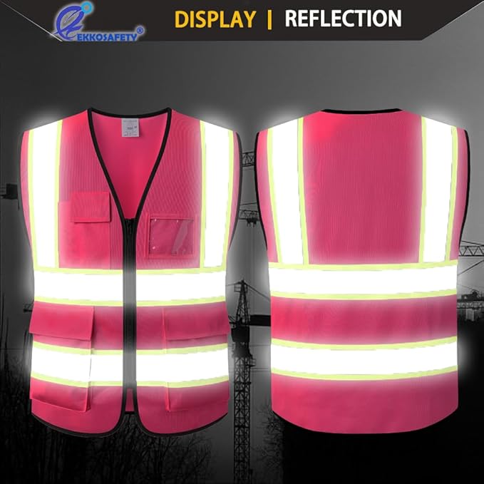 Pink High Visibility Safety Vest for Men Women with 5 Pockets and Zipper Hi Vis Construction Work Vest with Reflective Strips,Meets ANSI/ISEA Standards(EK175-Pink-XL)