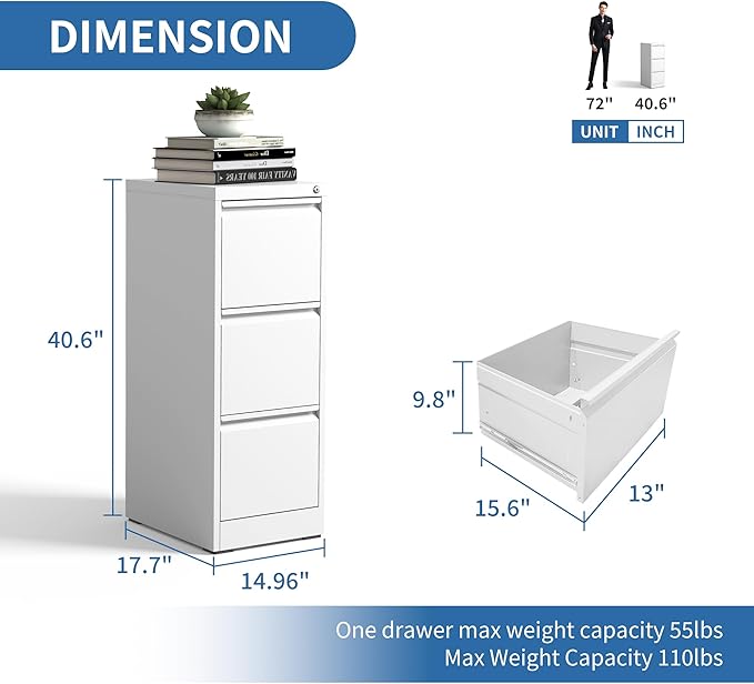 3 Drawer File Cabinet with Lock, Metal Vertical Filing Cabinets for Home Office, Steel Storage Cabinet for Hanging Legal/Letter Size Files, Assembly Required (White)