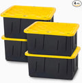 HOMZ 4-Pack Durabilt Tote, Heavy Duty Plastic Storage Bins with Lids, 15 Gallon, Black/Yellow - Stackable Organizing Containers for Home, Garage, and Office