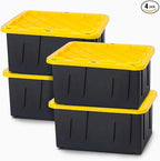 HOMZ 4-Pack Durabilt Tote, Heavy Duty Plastic Storage Bins with Lids, 15 Gallon, Black/Yellow - Stackable Organizing Containers for Home, Garage, and Office