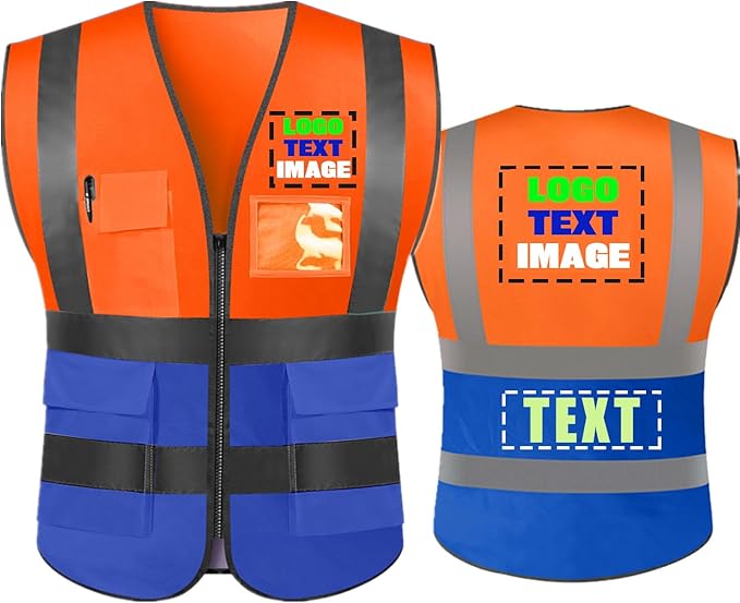 High Visibility Safety Reflective Vest with Pockets and Zipper Construction Hi Vis Work Vest(Orange/Blue L)