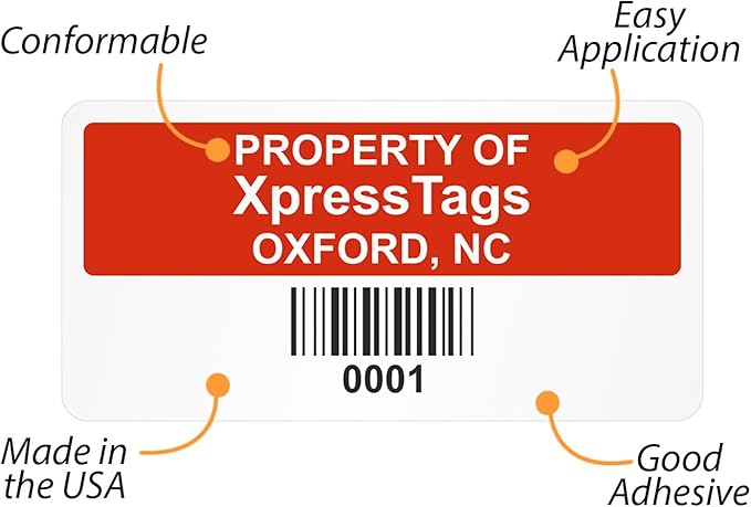 XpressTags 1" x 2" Sequentially Barcoded Custom Asset Tags, Fixed Inventory Asset Labels with Serial Number, Permanent Adhesive Vinyl Stickers - Pack Sizes 100 to 5000, Made in USA
