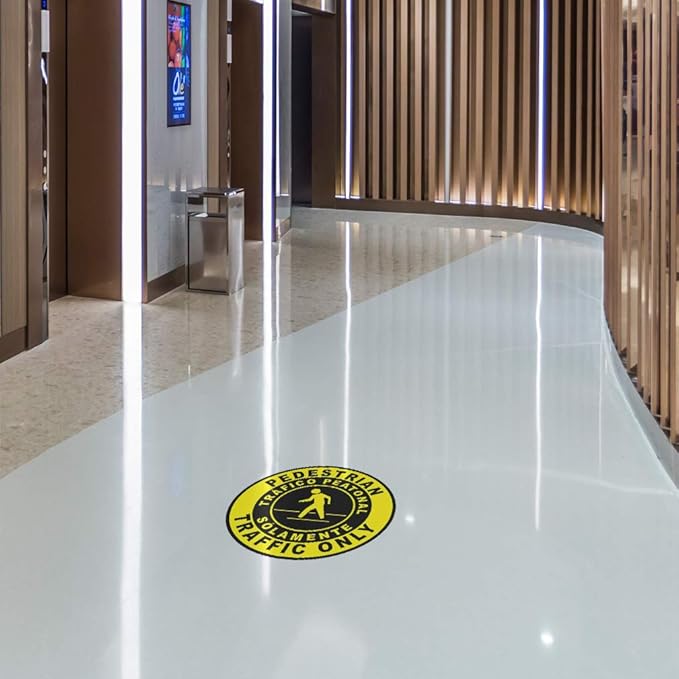 Spanish Safety Signs Floor Decals Pedestrian Traffic Only Yellow Anti-Slip Round Shape Business Industrial Stickers 36Inches Longer Side