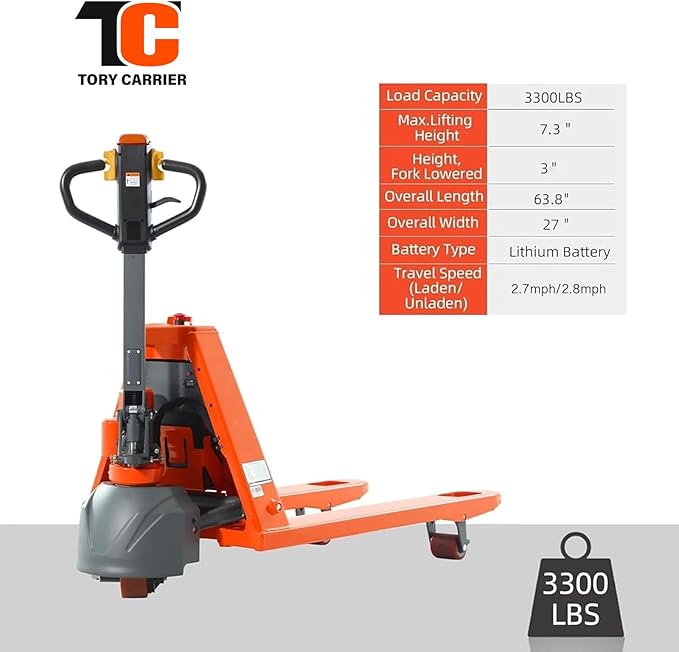 Tory Carrier Classic Electric Power Lithium Battery Pallet Truck/Jack 3300lb Capacity 48" x27" Fork Length Used in Indoor Storage and Handling-Orange Style 2PC