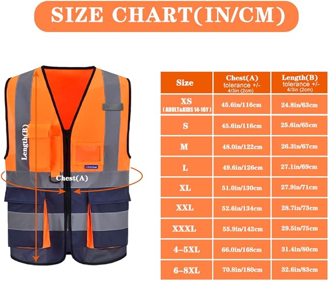 Orange&Navy 4XL-5XL High visibility vest,Reflective Safety Vest Workwear 7 Pockets Hi Vis Durable Vest with Reflective Tapes 4 Lower Pockets