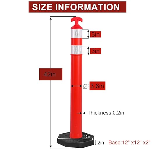 OrangeStar 42" Traffic Delineator Posts, 6 Pcs Orange Delineator Cones with Heavy Duty Rubber Base for Road Safety, Parking Lots
