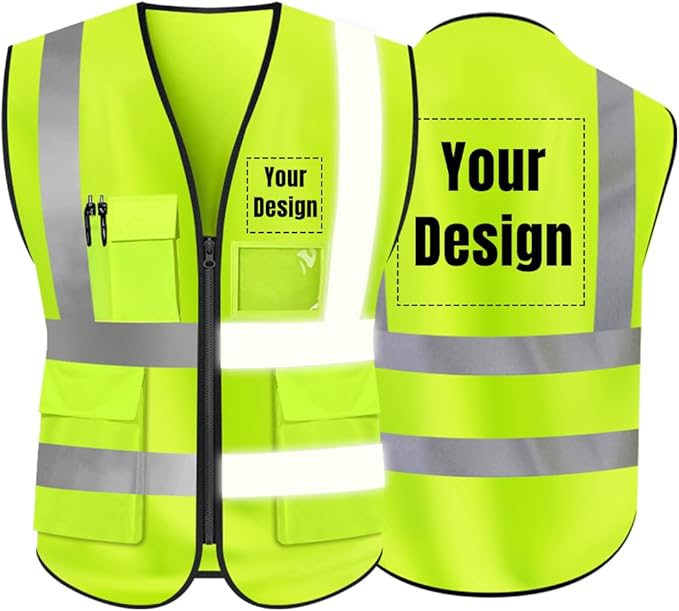 YOWESHOP High Visibility Safety Vest Custom Your Logo Protective Workwear 5 Pockets With Reflective Strips Outdoor Work Vest (Neon Yellow (3XL))