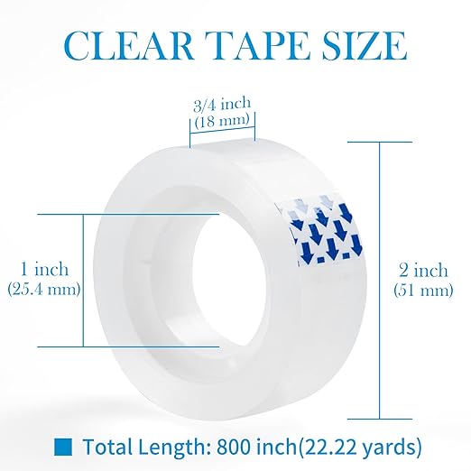 24 Rolls Clear Tape, Transparent Tape Refills for Dispenser, 1 Inch Core, 3/4 x 800 Inches, Strong Adhesive for Gift Wrapping, Office, School, Home, Desk Supplies & Crafts
