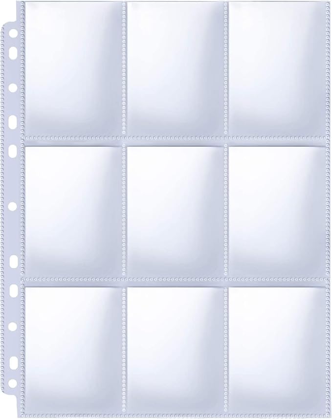 Trading Card Sleeve Pages, HERKKA 200 Pack 9 Pocket Album Pages 11 Holes Fit 3 Ring Binder