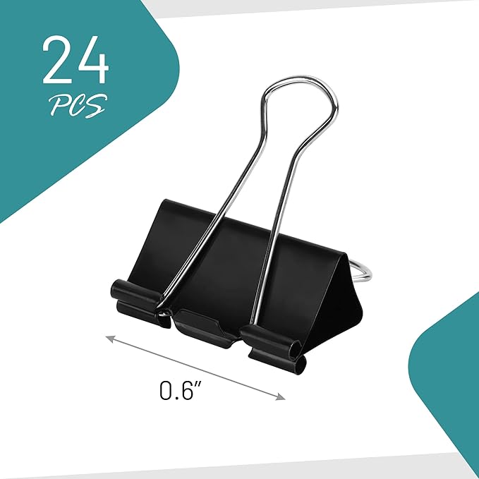 Binder Clips - 24 Mini Binder Clips, 0.6 Inch Black Paper Clamps, File Clip for Home, Office and School Supplies