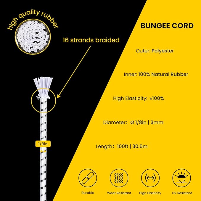 Bungee Cord Elastic Shock Cord 1/8" x 100' Bungee Rope for DIY, Tie Downs, Kayak and Outdoor - White&Black