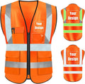YOWESHOP High Visibility Safety Vest Custom Your Logo Protective Workwear 5 Pockets With Reflective Strips Outdoor Work Vest (L, Orange Luminous)