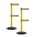 CCW Series WBB-200D - Set of 2 Retractable Dual Belt Stanchion Safety Barrier, Heavy-Duty Rubber Base Yellow Post (11 Foot Belt, Black with Yellow Horizontal Stripe Belt)