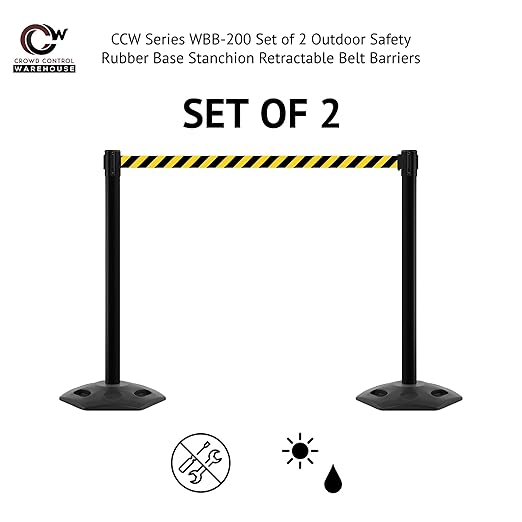 Crowd Control Warehouse CCW Series WBB-200 - Set of 2 Stanchion Retractable Belt Barriers - 11 Foot, Light Green Belt with Black Post - Easy Assembly