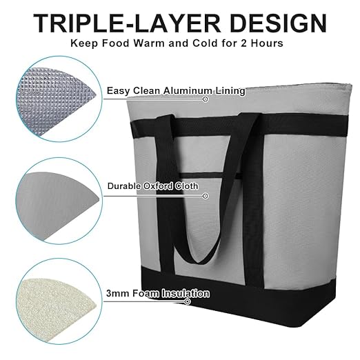 2Pk Insulated Reusable Tote Bag for Grocery Shopping for Women/Men, Pizza/Food Delivery Bag to Keep Food Cold/Hot for Professional Food Carriers, Cooler bags for Travel/Beach/Picnic, Grey