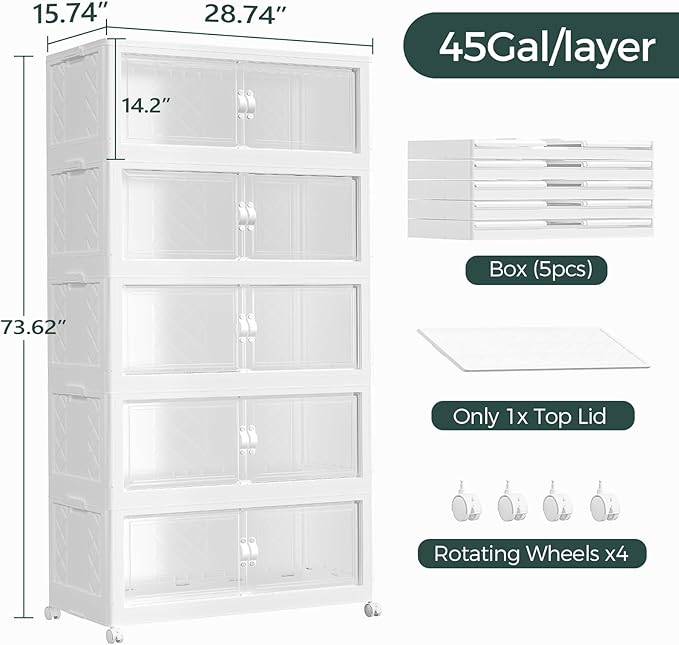 225Gal Stackable Storage Bins with Lid and Wheels, 900QT Plastic Collapsible Storage Boxes with Doors, Closet Organizer and Storage Cabinet for Home Kitchen Office Dorm Room, 5Pack White