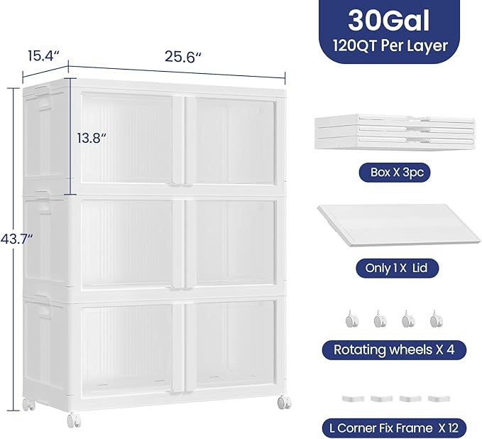 90Gal Plastic Stackable Storage Bins with Lid, 360Qt Collapsible Closet Organizer and Storage, Folding Storage Box with Wheels and Clear Doors for Home Kitchen Office Dorm Room, 3Pack White