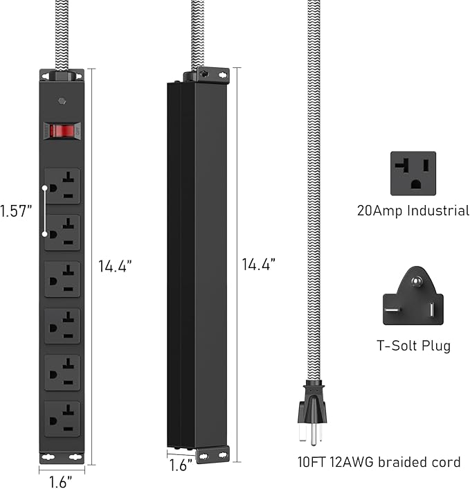 HEZI 20 Amp Power Strip with 5-20P/T- Plug, Heavy Duty High Amp Metal Surge Protector, Mountable Industrial Power Strip with 6AC Outlets(5-20R) and Circuit Breaker, 10FT 12AWG Extension Cord