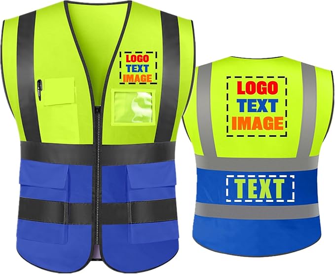 High Visibility Safety Reflective Vest with Pockets and Zipper Construction Hi Vis Work Vest(Neon Yellow/Blue S)