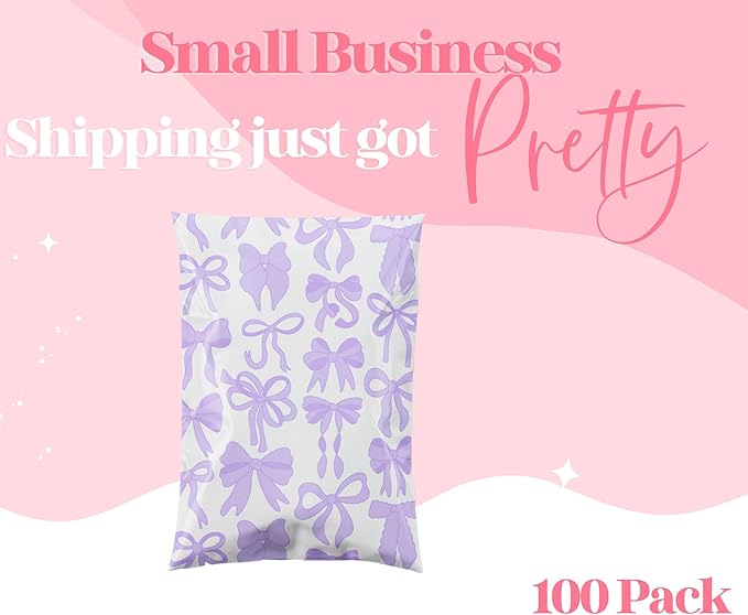 6x9 Designer Poly Mailer 100 Pack Heavy Duty Waterproof Self Seal Shipping Bags for Small Business Large Mailing Envelopes Bulk Tear Resistant Packaging Purple Bows