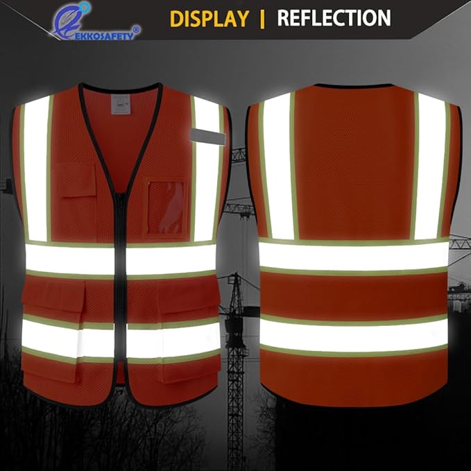Safety Vest for Men Women Reflective with 5 Pockets and Zipper Front Mesh High Visibility Vest Hi Vis Construction Work Vest,Meets ANSI/ISEA Standards(EK175-Orange-L)