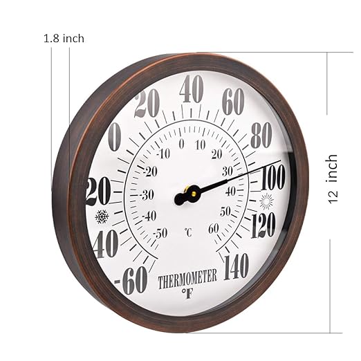 12'' Indoor Outdoor Thermometer Large Numbers, Hanging Decorative Wall Thermometer with Stainless Steel Enclosure, No Battery Needed Weather Thermometers for Patio, Home, Garden Decoration (Bronze)