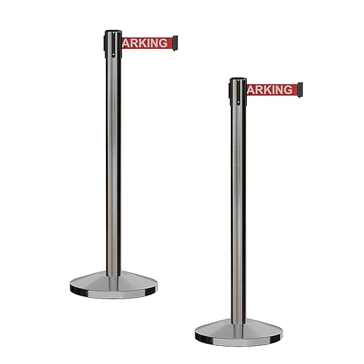 CCW Series RBB-100 - Set of 2 Stanchion Retractable Belt Barriers (7.5 Foot Belt, Red with"NO Parking" White Letters Belt with Satin Stainless Steel Post)
