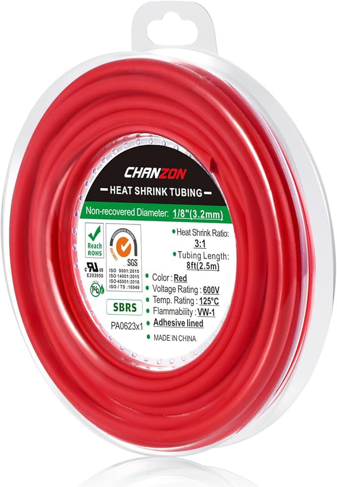 Chanzon 3:1 Ratio 1/8" (3.2mm) Heat Shrink Tubing - Marine Grade Waterproof Adhesive Lined - 8Ft Roll (2.5M Total Length) Red Polyolefin Sleeving Wrap Shrinking 3 to 1 Ratio 1pcs