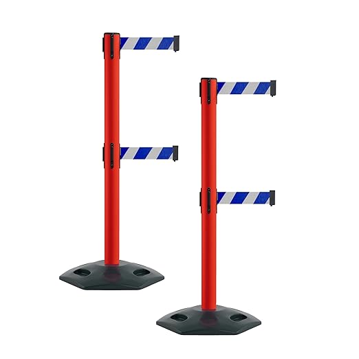 Montour Line MSR630D Set of 2 Retractable Belt Barrier Stanchion, Heavy-Duty Rubber Base, Red Post (9 ft Blue and White Diagonal Dual Belt)