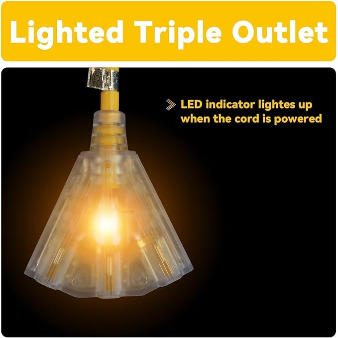 EP 50 Ft 12 Gauge Heavy Duty Extension Cord, 15A 125V 1875W, 3 Outlet Indoor/Outdoor Power Cord with Lighted End, 12/3 SJTW Weatherproof Yellow, UL Listed