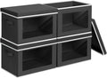 Storage Boxes with Lids - 4 Pack Fabric Clear Window Storage Bins, Large Decorative Storage Bins with Handles, Linen Closet Organizer for Clothes, Towel, Blanket, Black