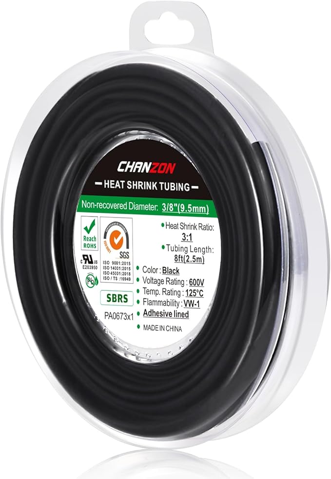 Chanzon 3:1 Ratio 3/8" (9.5mm) Heat Shrink Tubing - Marine Grade Waterproof Adhesive Lined - 8Ft Roll (2.5M Total Length) Black Polyolefin Sleeving Wrap Shrinking 3 to 1 Ratio 1pcs