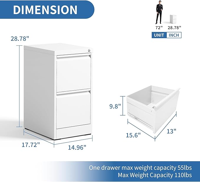 2 Drawer File Cabinet with Lock, Steel Vertical Filing Cabinets for Home Office, Small Metal Storage Cabinet for Hanging Legal/Letter Size Files, Assembly Required (White)