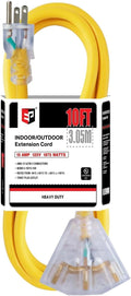 EP 10 Ft 12 Gauge Heavy Duty Extension Cord, 15A 125V 1875W, 3 Outlet Indoor/Outdoor Power Cord with Lighted End, 12/3 SJTW Weatherproof Yellow, UL Listed