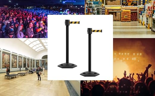 Montour Line MSR760 Set of 2 Retractable Belt Barrier Stanchion, Rubber Base, Black Powder Coated Post (35 ft Red with"This LINE is Closed" White Letters Belt)