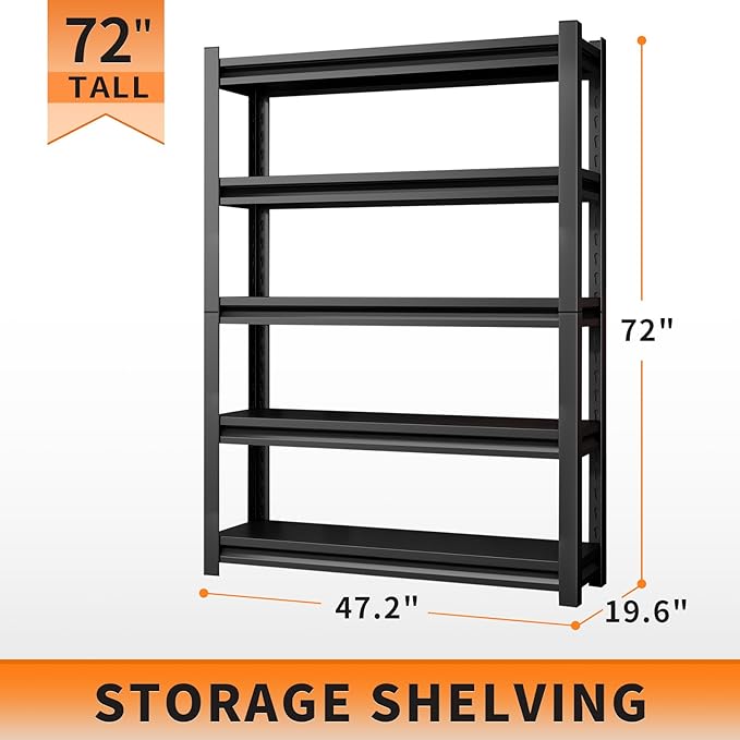 72" H Adjustable Garage Shelving 2500LBS Storage Shelves 5-Tier Heavy Duty Metal Shelves Utility Industrial Shelves Rack for Garage Warehouse Pantry Basement,Black (19.6" D×47.2" W×72" H)