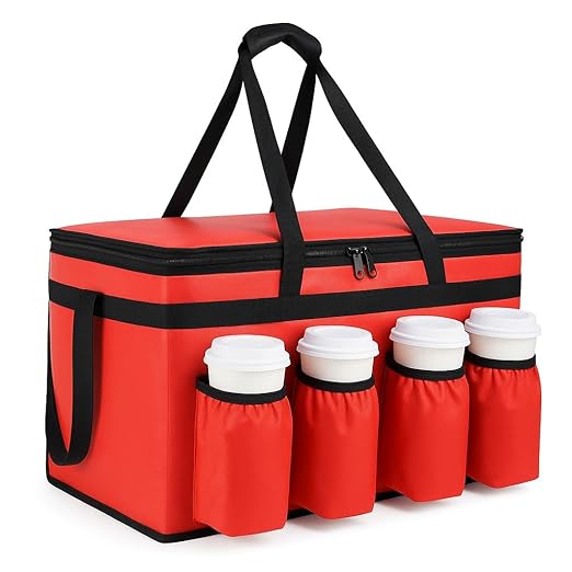 Insulated Food Delivery Bag with 4 Cup Holders, XX-Large Insulated Grocery Bags Keep Food Hot/Cold, Cooler Bags with Drink Carrier, Food Carrier Catering Bag, Commercial Food Warmer Bag, Red