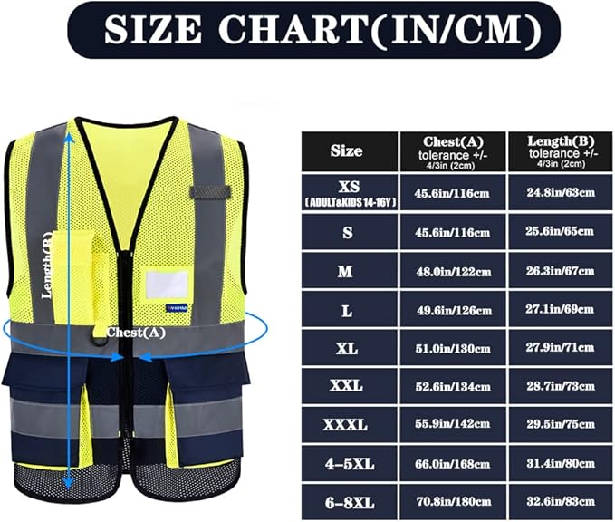 A-SAFETY Reflective Safety Vest,Hi Vis 7 Pockets High Visibility Zipper Front Safety Vest,Yellow&Navy Color Mixed, XXXL