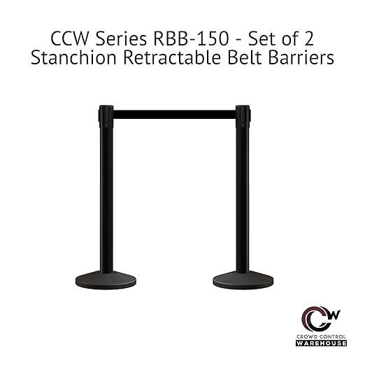 Crowd Control Warehouse CCW Series RBB-150 - Set of 2 Stanchion Retractable Belt Barriers - 16 Foot, Black Belt with Black Steel Post - Easy Assembly