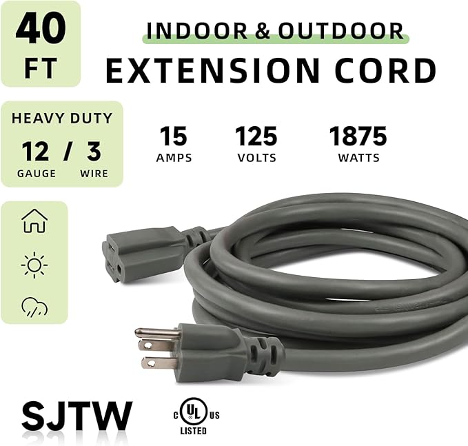 EP 40 Ft Outdoor Extension Cord, 12/3 SJTW Heavy Duty Extension Cable with 3 Prong Grounded Plug, 15 AMP Power Cord for Lawn, Garden, Appliances, Gray