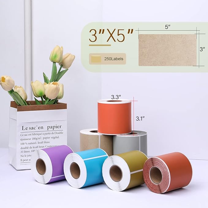 PARLAIM 5 X 3 inch Natural Brown Kraft Paper Inventory Labels Rectangle Color Coding Stickers, 250PCS Permanent Warehouse Moving Box Square Label