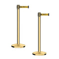 CCW Series RBB-100 - Set of 2 Stanchion Retractable Belt Barriers (9 Foot Belt, Yellow with"Beware Open Pit" Black Letters Belt with Polished Brass Post)