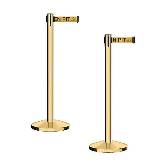 CCW Series RBB-100 - Set of 2 Stanchion Retractable Belt Barriers (9 Foot Belt, Yellow with"Beware Open Pit" Black Letters Belt with Polished Brass Post)
